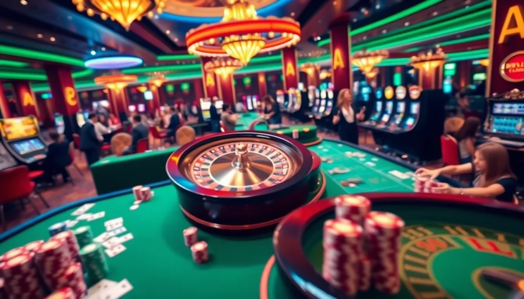 Experience the excitement of gambling at bdjl.org with vibrant casino tables and spinning roulette wheels.