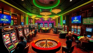 Players enjoying exciting games at Onicplay online casino with vibrant slot machines and poker chips.