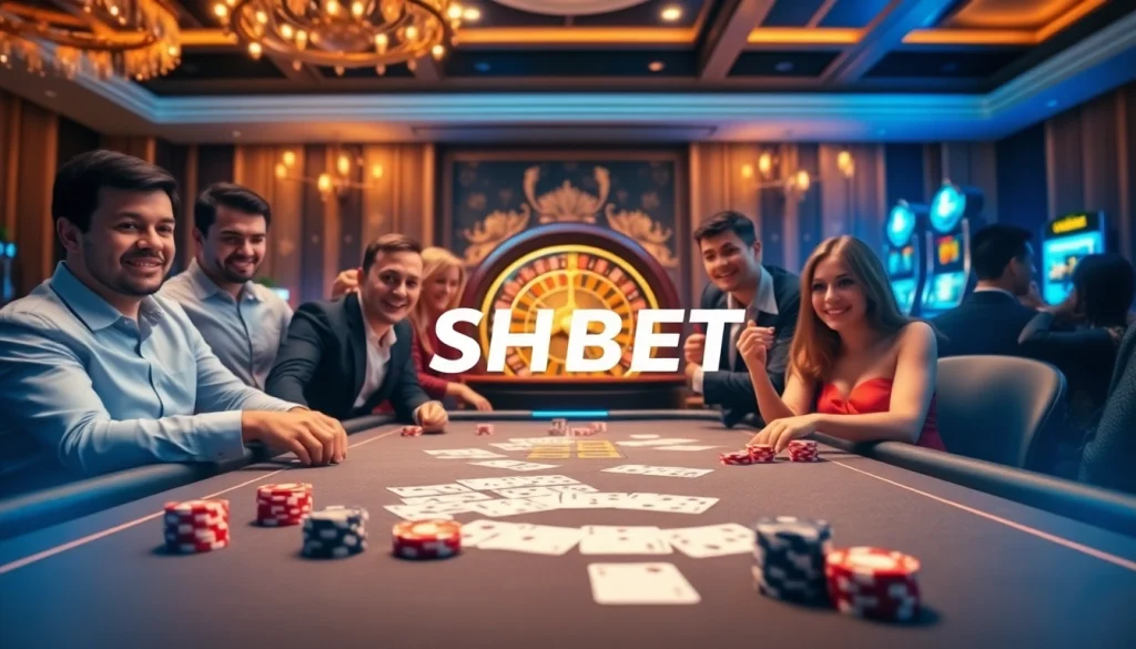 SHBET online gambling interface with casino tables, poker chips, and a roulette wheel