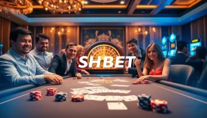 SHBET online gambling interface with casino tables, poker chips, and a roulette wheel