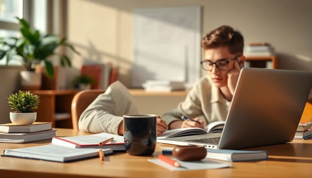 Provide online exam assistance to students studying effectively at a well-organized desk.