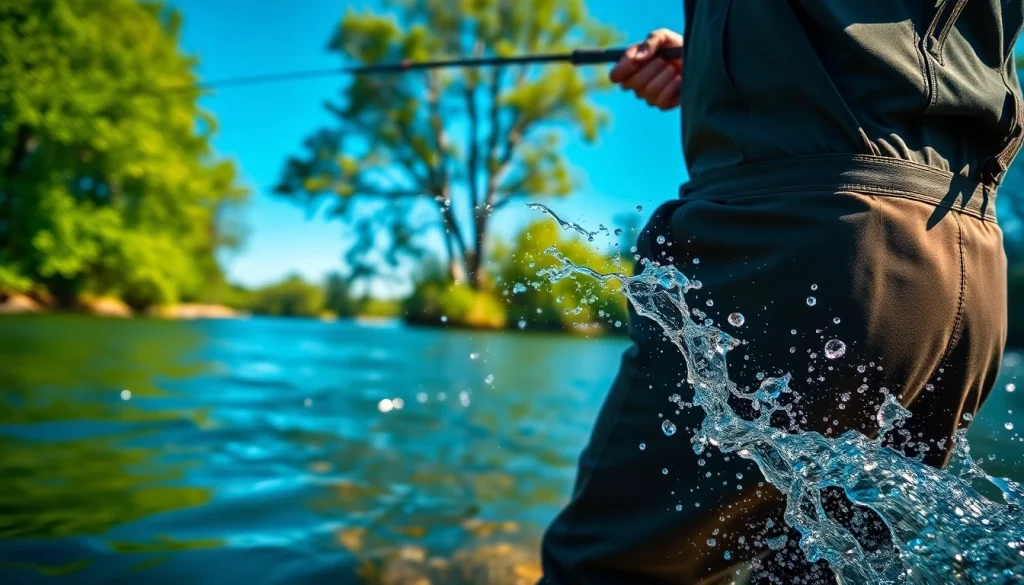 Angler casting a line in breathable fly fishing waders near a tranquil river.