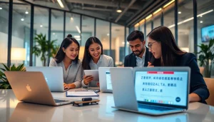 Professional team utilizing 有道翻译 for collaboration in a modern office setting.