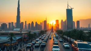 Experience the bustling streets and iconic skyline of Dubai City at sunset.