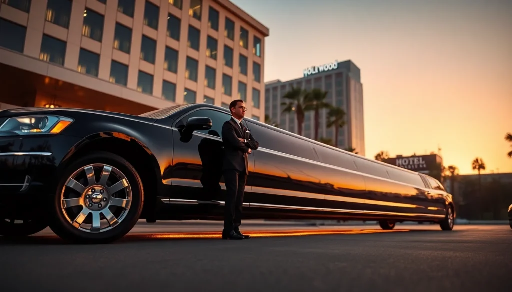 Luxurious Los Angeles Limo service featuring a sleek stretch limousine in front of a high-end hotel at sunset.