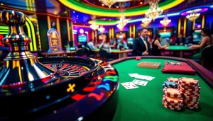 Gambling excitement at https://uu88ae.com/ with poker chips, roulette wheel, and dynamic players.