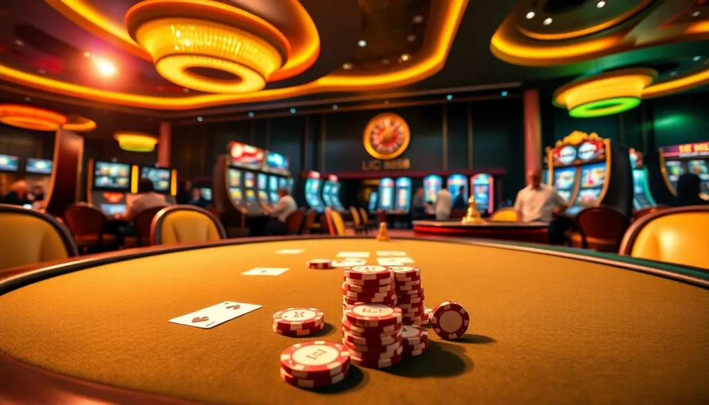 Experience lively gaming action at LC88, featuring a vibrant casino setup with poker tables and slots.