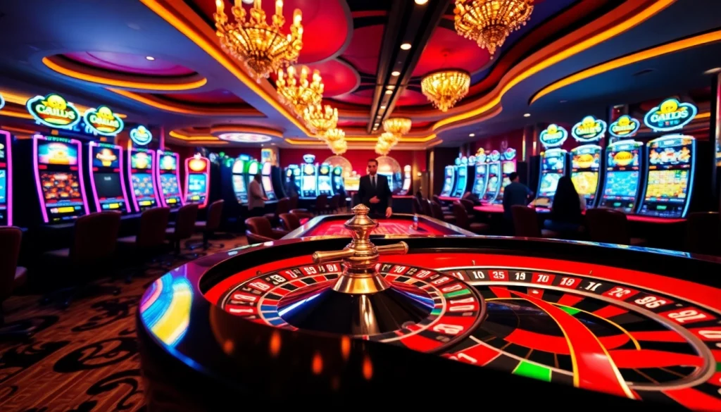Players engaging in thrilling games at thabet casino, with vibrant roulette wheel and colorful chips.