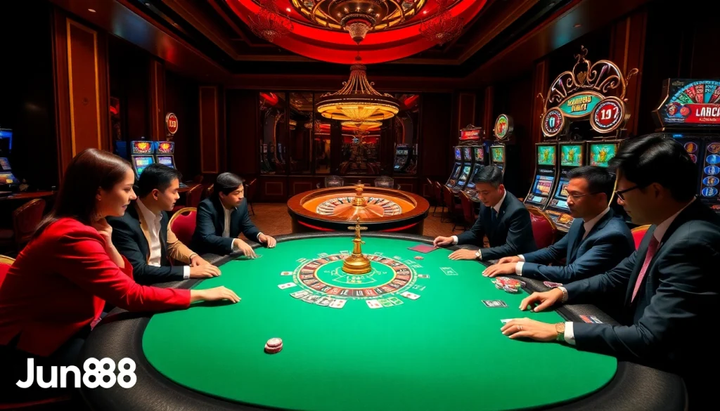 Experience the excitement of gambling at Jun888 with vibrant poker tables and thrilling games.
