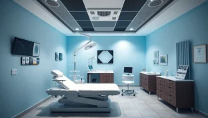 包茎クリニックの口コミ・評判に焦点を当てた現代的な医療クリニックの内部。温かく専門的な診察室を映し出す。