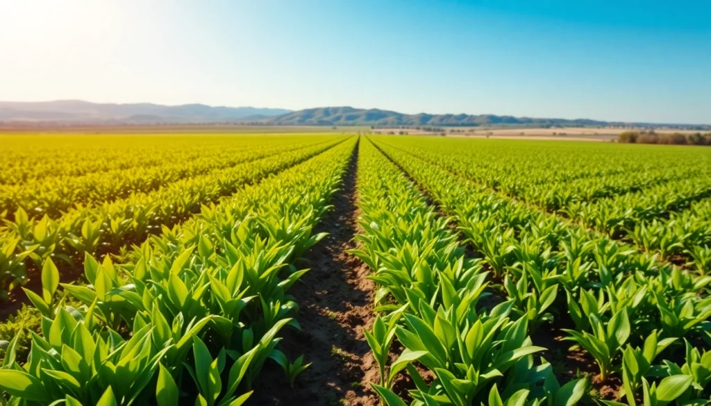 Farmers utilizing advanced land irrigation techniques in a flourishing field.