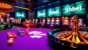 Enter the thrilling world of Shbet with vibrant casino tables, cards, and slot machines.