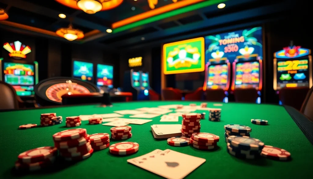 Adegan permainan togel online yang menarik dengan elemen kasino mewah dan chip poker berwarna-warni.