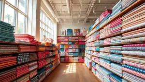 Katoenen stof per meter aangeboden in een levendige stoffenwinkel vol kleur en patronen.