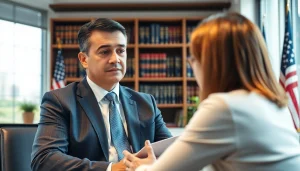 Personal Injury Lawyer in Grand Junction consulting with a female client in a modern office.