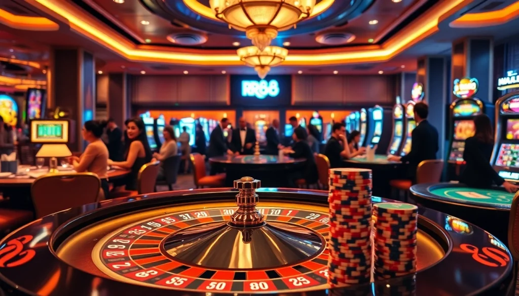 RR88 players enjoying vibrant casino atmosphere with roulette and slot machines.