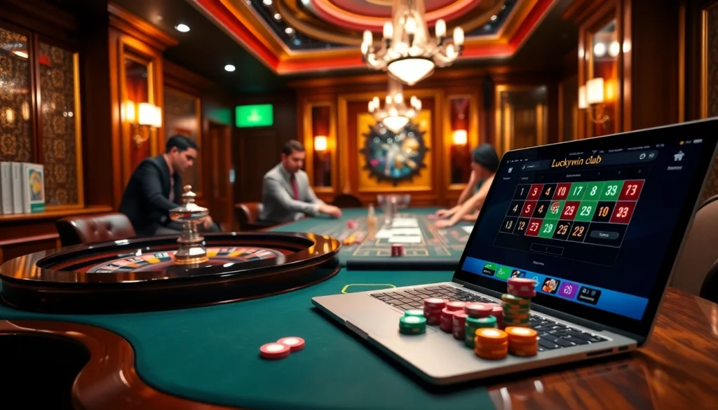 Experience the excitement at Luckywin club with vibrant players at a roulette table.