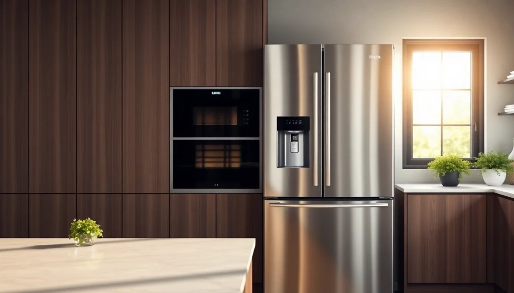 Elegant Refrigerator with stainless steel finish in a modern kitchen layout.