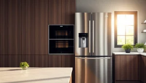 Elegant Refrigerator with stainless steel finish in a modern kitchen layout.