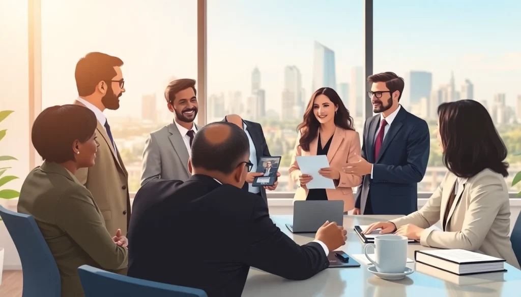 Virginia immigration lawyers engaging with clients in a bright office setting.