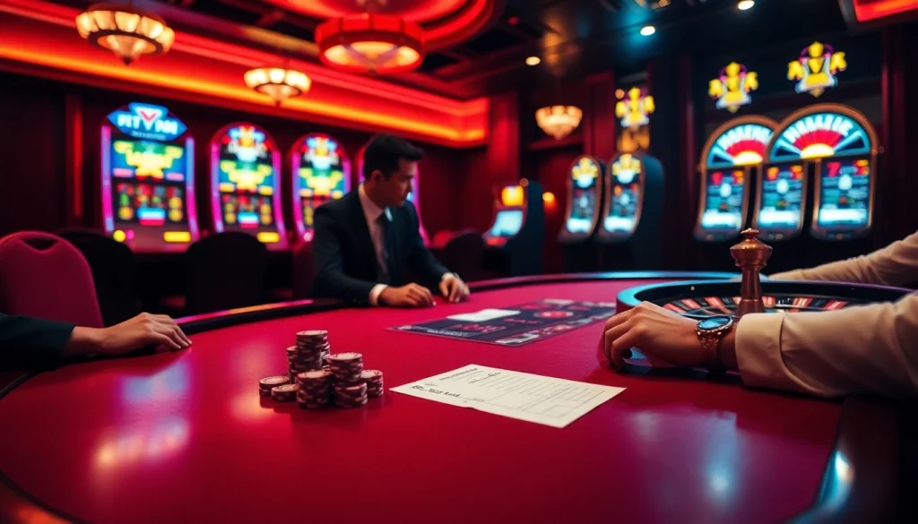 Thabet College poker players strategizing in a luxurious casino setting with vibrant lighting.