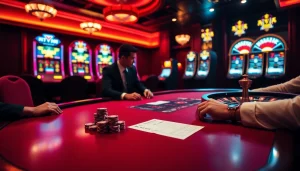 Thabet College poker players strategizing in a luxurious casino setting with vibrant lighting.