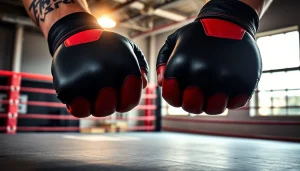 MMA gloves displayed prominently, showcasing their detailed design for athletes in action.
