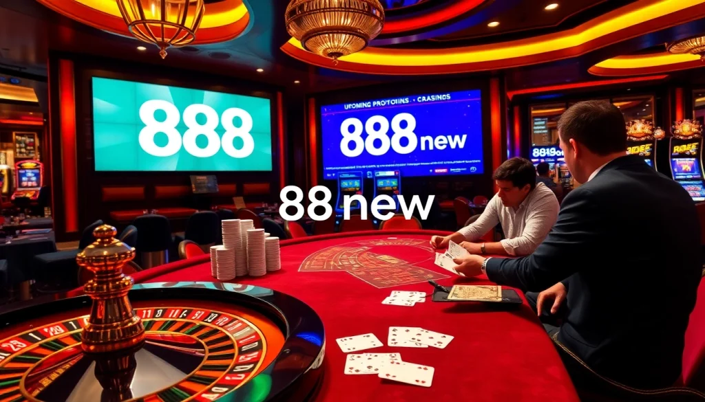Engaged gamblers explore an upscale casino setting with 888new promotions displayed prominently.