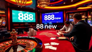 Engaged gamblers explore an upscale casino setting with 888new promotions displayed prominently.