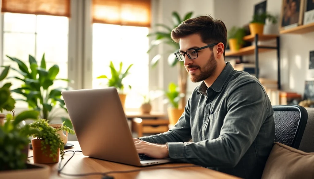 Remote software development jobs featuring a developer in a cozy home office setup, demonstrating focus and creativity.