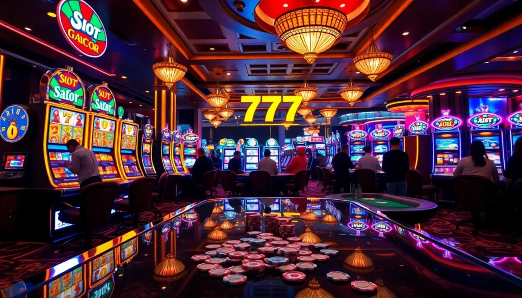 Excited players winning at slot gacor 777 machines on a vibrant casino floor.