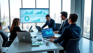 Analyze b2b competitive intelligence data with a professional business team in a modern office.