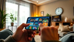 Exciting online gaming experience with go99 hiện đang mở on a smartphone in a cozy setting.