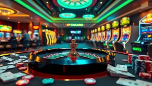 Exciting scene of avid gamblers at a luxurious casino, showcasing https://whycazino.com/ with poker chips and a roulette table.
