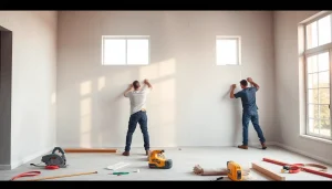 Install drywall sheets with precision in a modern home, showcasing teamwork and tools.