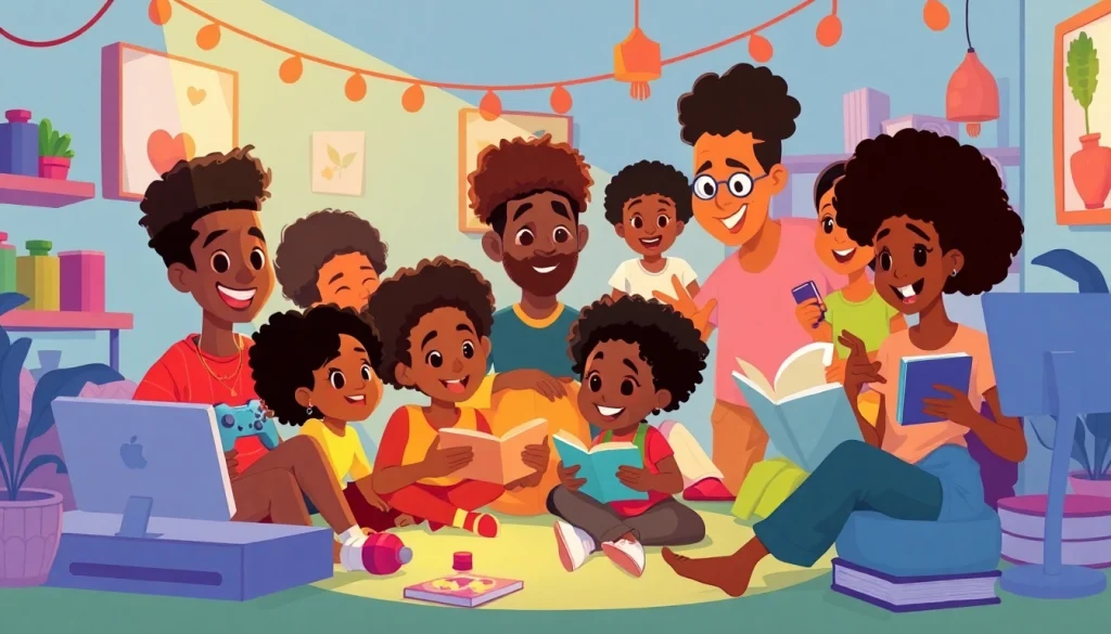 A collection of vibrant African American cartoons showcasing creativity and fun activities among diverse characters.
