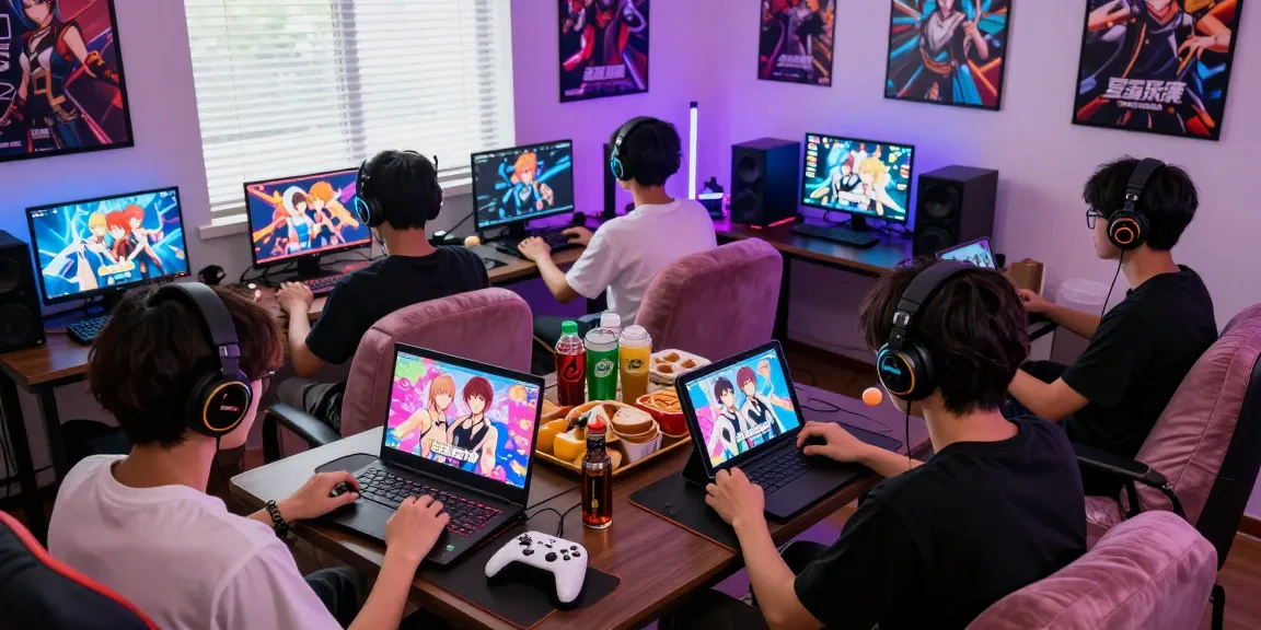 Group enjoying hentaigame session with vibrant screens and snacks in gaming room.